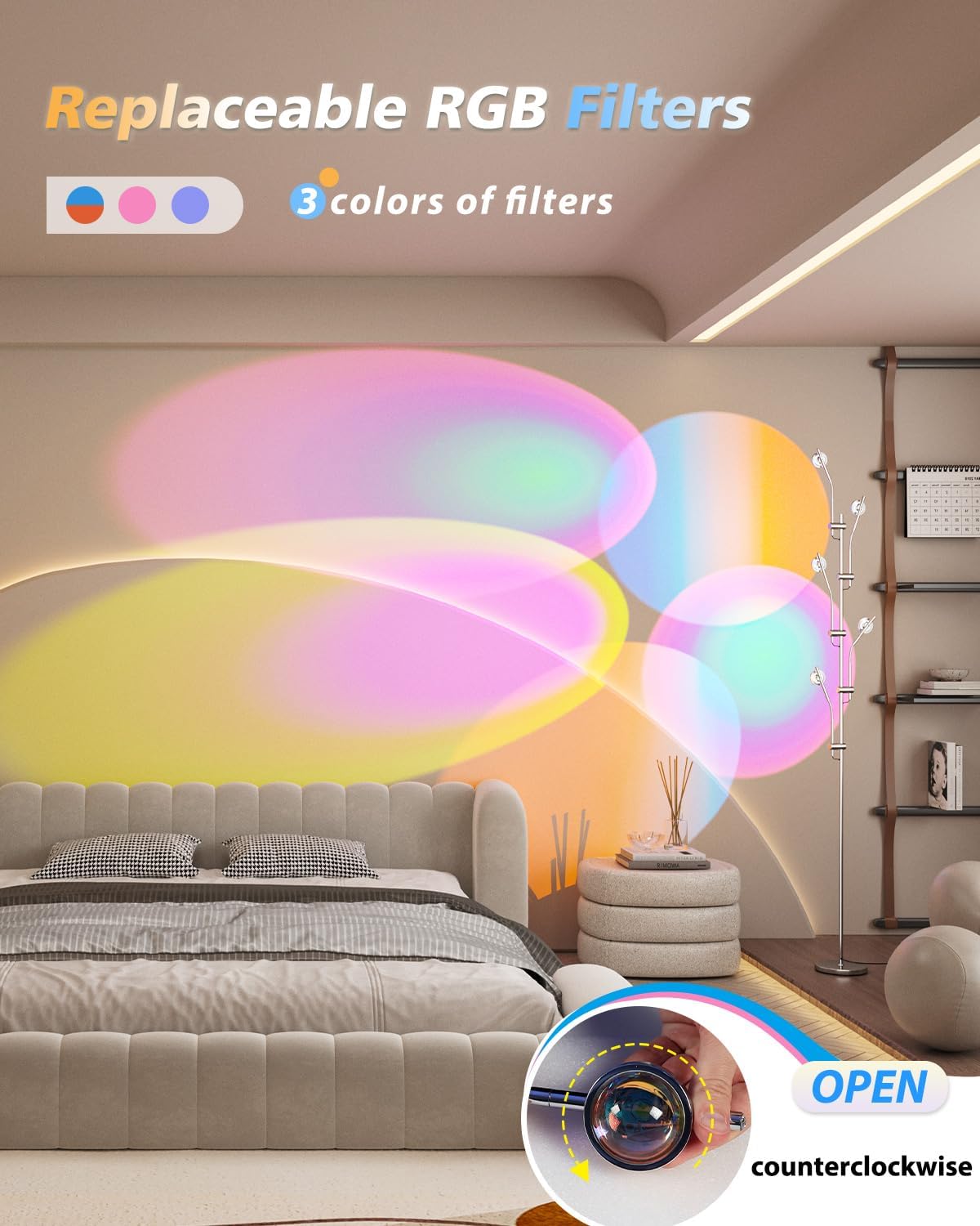 DENGALA Halo Projector Floor Lamp - 4000K LED Multi Head Floor Lamp with RGB Filters - Sunset Projection Ambient Lighting - Mood Corner Lamp for Bedroom,Living Room - Chrome