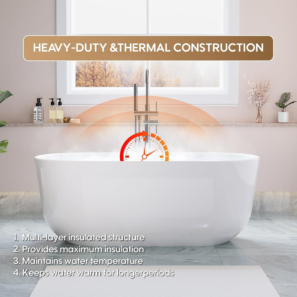 WELLFOR 60-Inch Freestanding Acrylic Bathtub with Chrome Bathtub Drain and Integrated Slotted Overflow, Freestanding Glossy White Soaking Bathtub, Acrylic Soaking Tub (Glossy White)