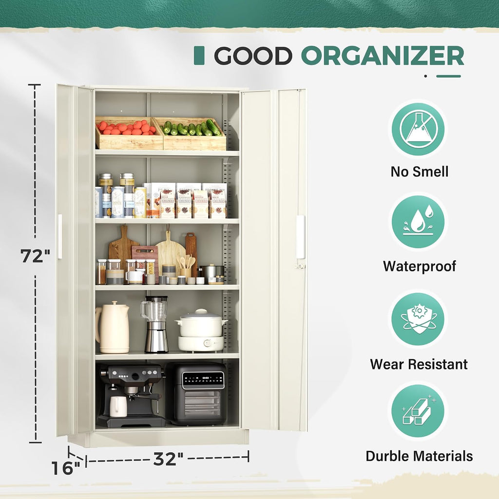 Greenvelly Metal Garage Storage Cabinet, 72' Locking Steel Garage Cabinet with 2 Doors and 4 Shelves, Tool Cabinets, Metal File Cabinet for Home Office, Basement, Classroom, Grey(32' ×16')