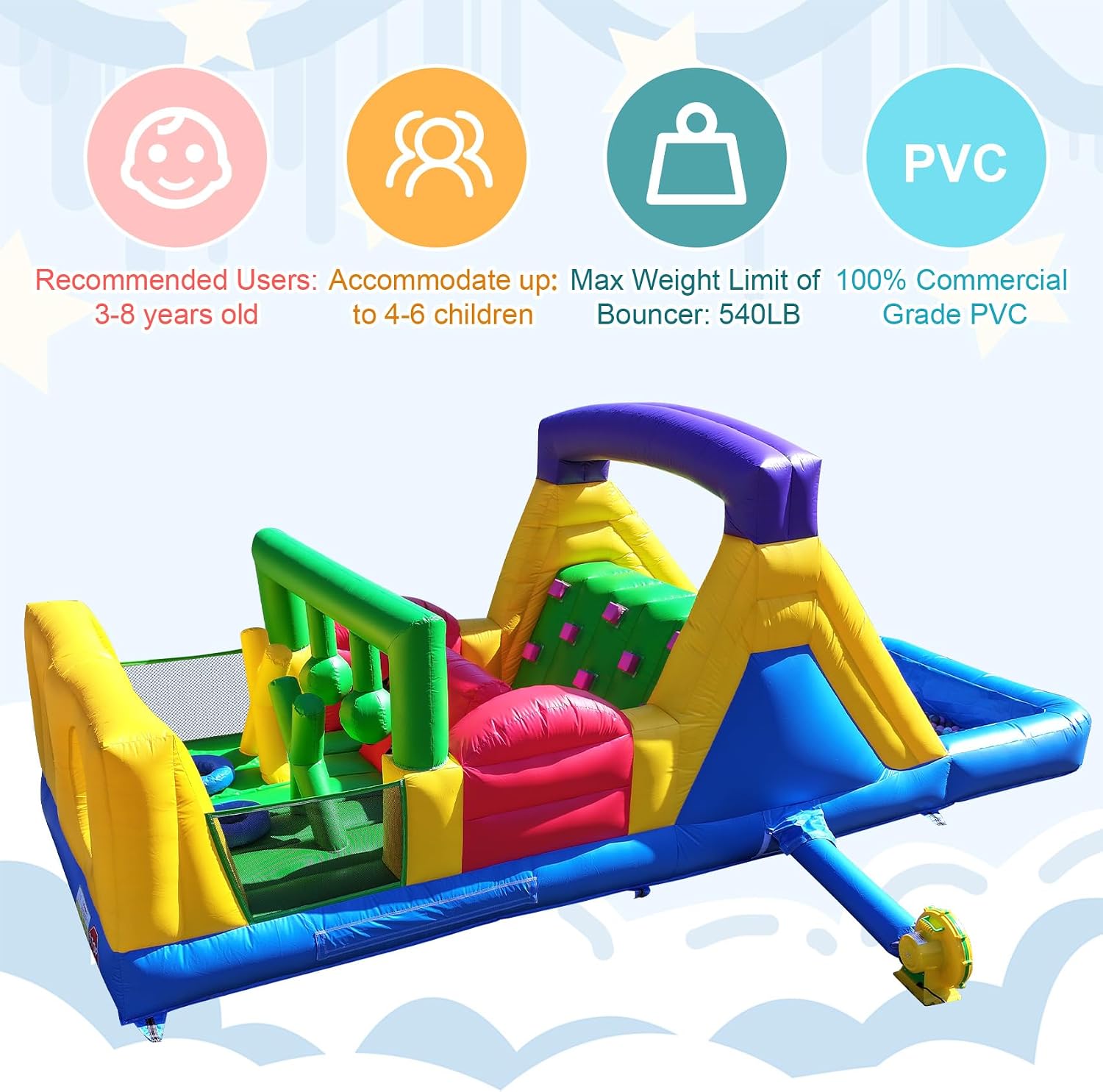 22FT Commercial Inflatable Bounce House Obstacle Course - Heavy Duty PVC Bouncer with Large Slide, Crawl Tunnel & Wet/Dry Pool for Backyard, Birthday Party, Outdoor Games for Kids Ages 3-12