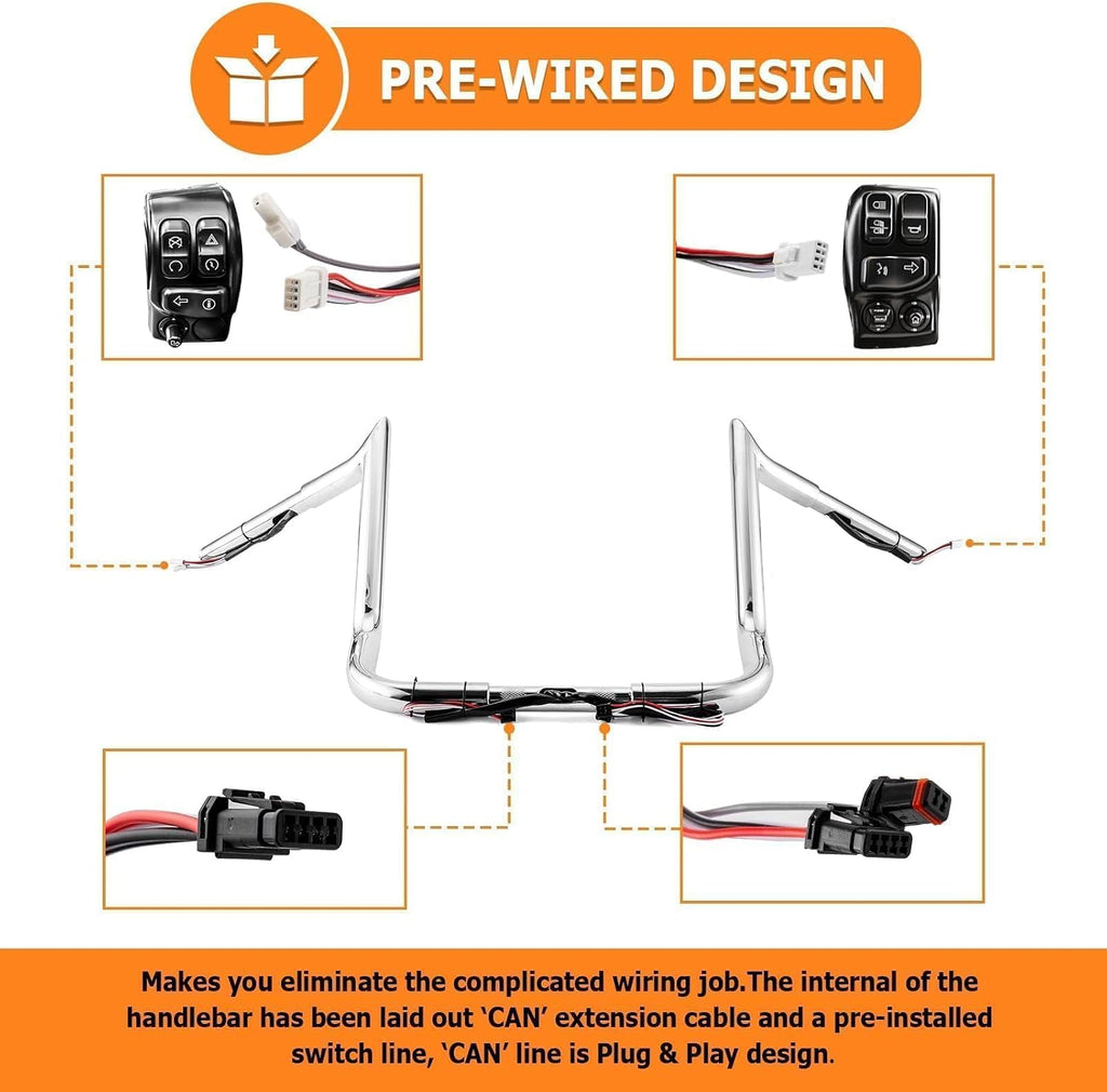 Mofun 12' Handlebars Pre-wired Ape Hangers 1 1/4' Meathook Ape Bar Compatible with Harley Bagger Touring Street Glide Electra Tri Glide Ultra Limited 2014-2023 Chrome