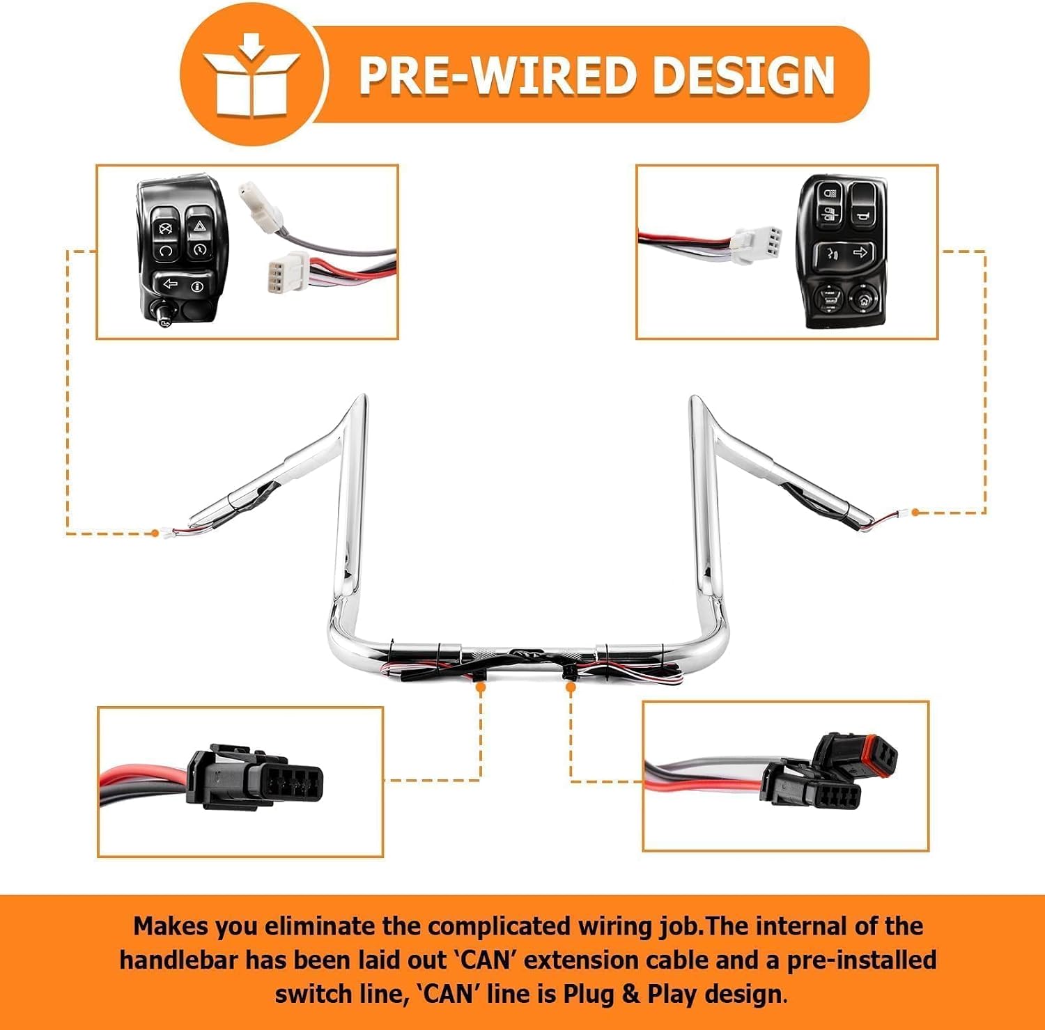 Mofun 12' Handlebars Pre-wired Ape Hangers 1 1/4' Meathook Ape Bar Compatible with Harley Bagger Touring Street Glide Electra Tri Glide Ultra Limited 2014-2023 Chrome