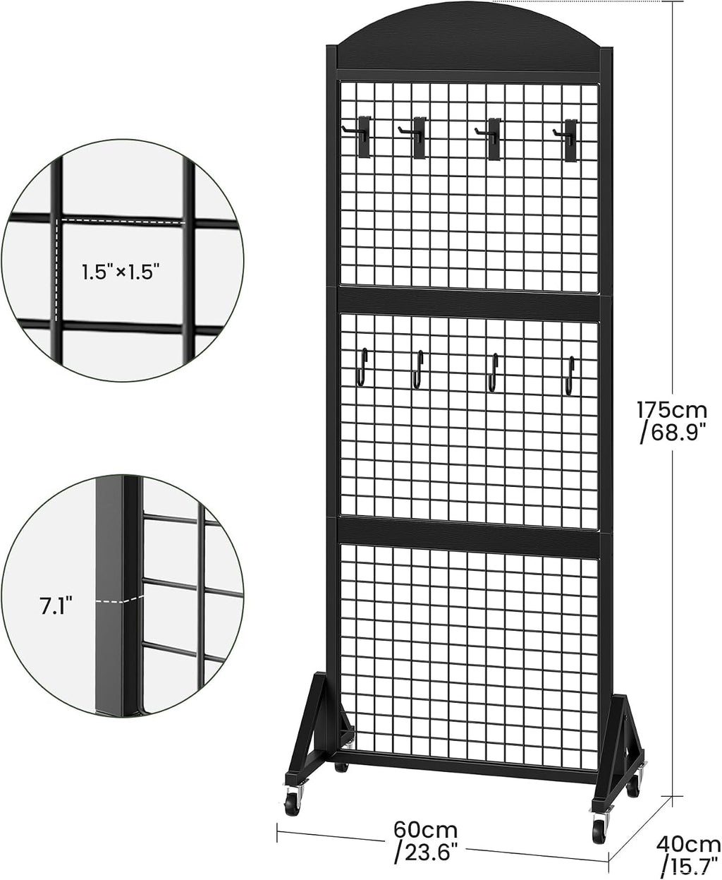 CHOEZON 2 Packs Grid Wall Panel 5.7' x 2' FT Grid Display Rack with Wheels, Movable Gridwall Display Stand with 8 S-Shaped Hooks and 8 Garment Hooks, Floorstanding Wire Grid Rack, Black TCJ17P2BB