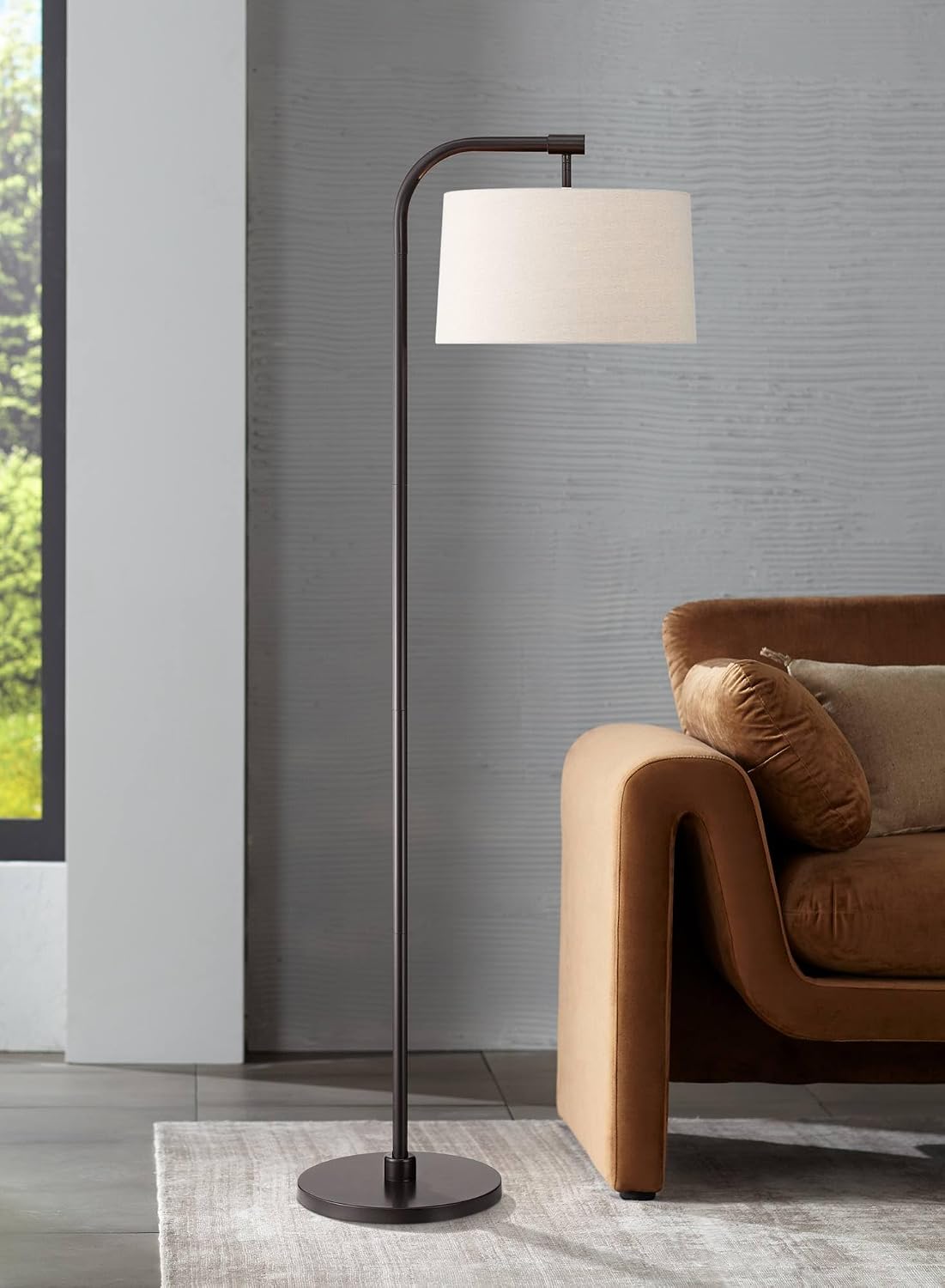360 Lighting Serra Modern 64' Tall Standing Floor Lamp Curved Chairside Arc Offset Arm Pole Foot Switch Art Deco Brown Metal Dark Bronze Finish Living Room Bedroom House Reading Office Home Decor