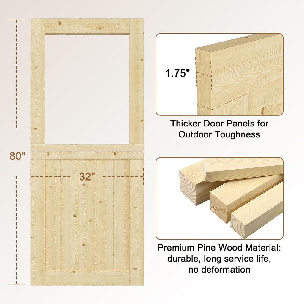 32' x 80' Exterior Prehung Dutch Door, Universal 1 Lite Tempered Clear Glass Split Single Doors, Solid Core Home Entry Door, Natural Pine Wood - with 4 Hinges & 1 Latch & Jamb, Jamb Assembly Needed