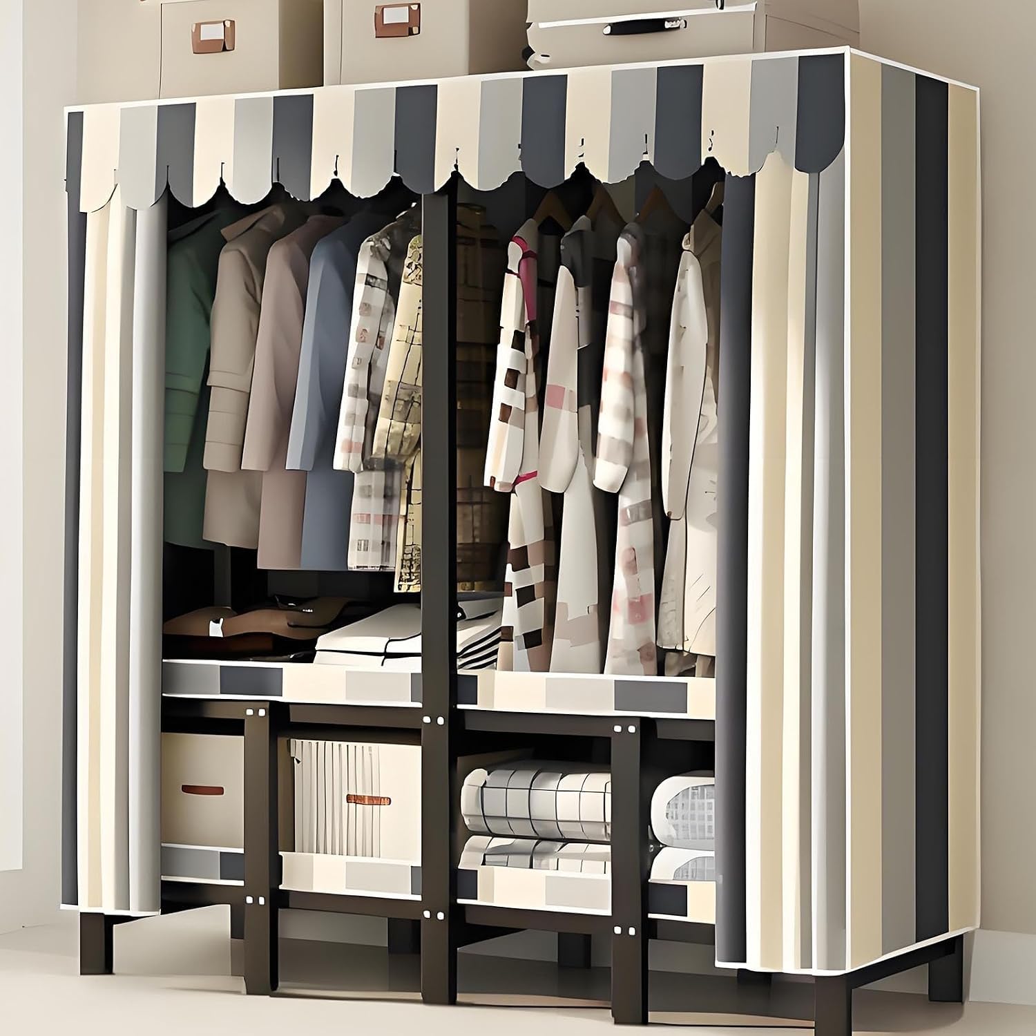 Foldable Drying Rack - Strong and Durable Portable Wardrobe Closet Rack with Cover, Large Metal Canvas Wardrobe Closet, Wardrobe Clothes Organizer, for Hanging Clothes(130 * 50 * 170cm)