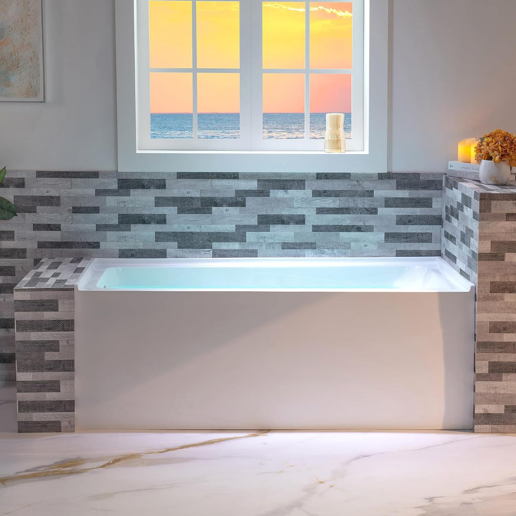 WOODBRIDGE 60' Acrylic Rectangular Alcove Soaking Bathtub in White with Left Drain, Brushed Nickel pop-up Drain Included, LB429-L