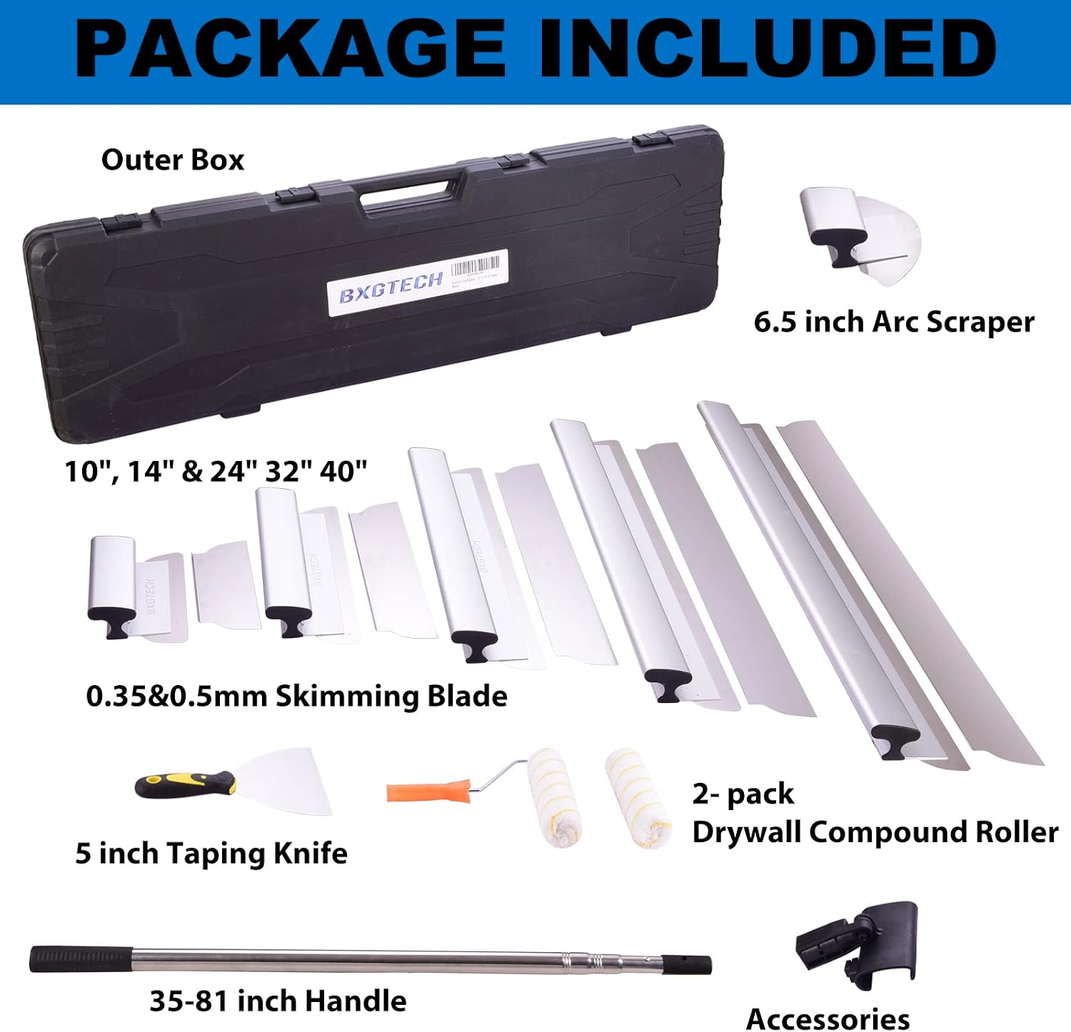 Drywall Tools Skimming Blade with Extension Handle - 10', 16' & 24' 32' 40' Blades 0.5mm&0.35mm, Drywall Roller,Taping Knife, Arc Scraper, Construction Tools