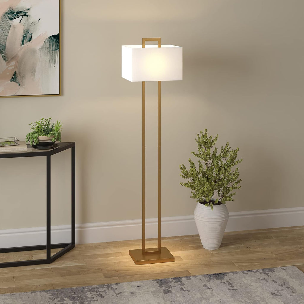 Henn&Hart 68' Modern 1-Light Floor Lamp with White Fabric Rectangle Shade for Living Room, Bedroom, or Office, Gold