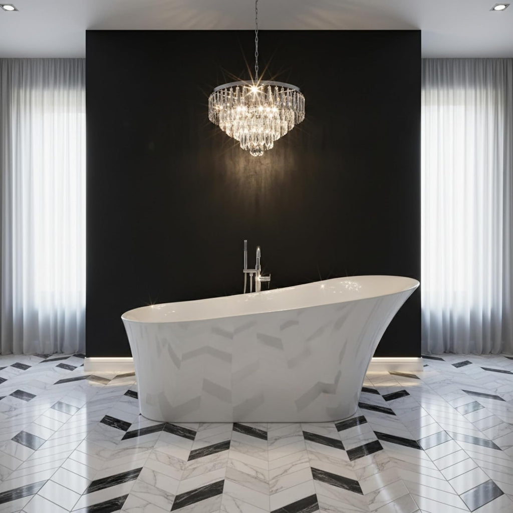 Arezzo 67' Freestanding Acrylic Bathtub with Chrome Drain, Glossy White Seamless Soaking Tub, Fiberglass Reinforced with Leveling Legs, 49 Gal Capacity