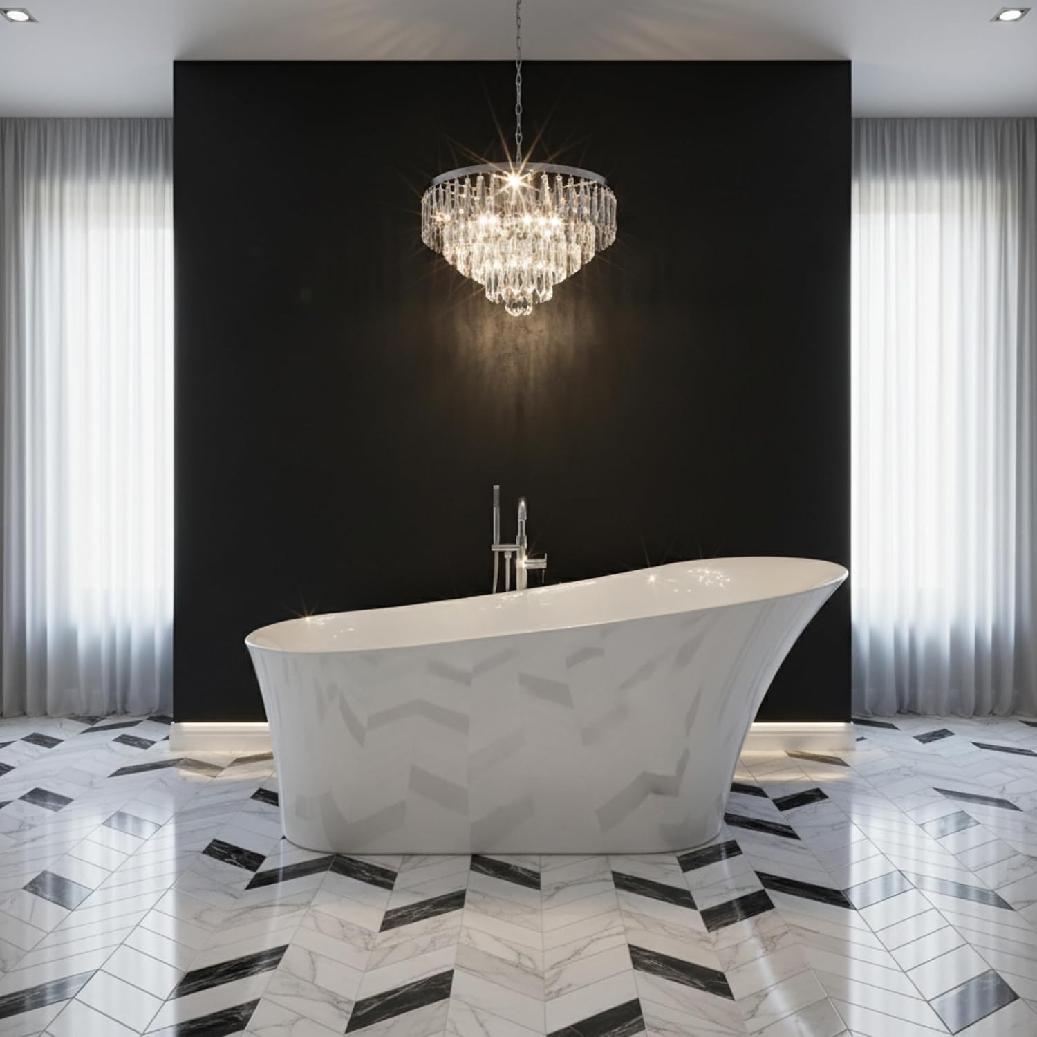 Arezzo 67' Freestanding Acrylic Bathtub with Chrome Drain, Glossy White Seamless Soaking Tub, Fiberglass Reinforced with Leveling Legs, 49 Gal Capacity
