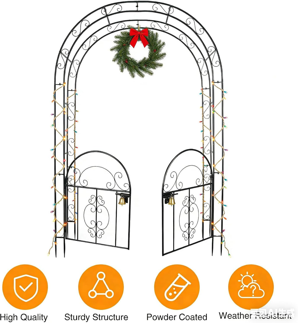 84in High Metal Garden Arbor with Gate, Heavy Duty Wide Garden Arch, Metal Arch Trellis with Gate for Climbing Plant, Wedding, Outdoor Patio Decor, Black(84'x52.4'x19')