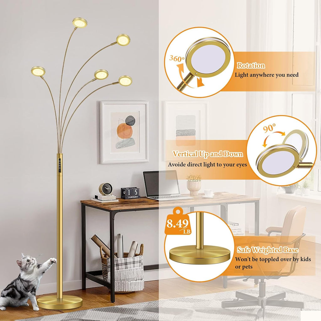 LED Arc Floor Lamp with Remote, 2250LM Dimmable Gold Floor Lamp with Timer, Adjustable Colors, Brightness & 5 Adjustable Arms, Multi-Head Tall Tree Standing Lamp for Living Room Bedroom Corner Office