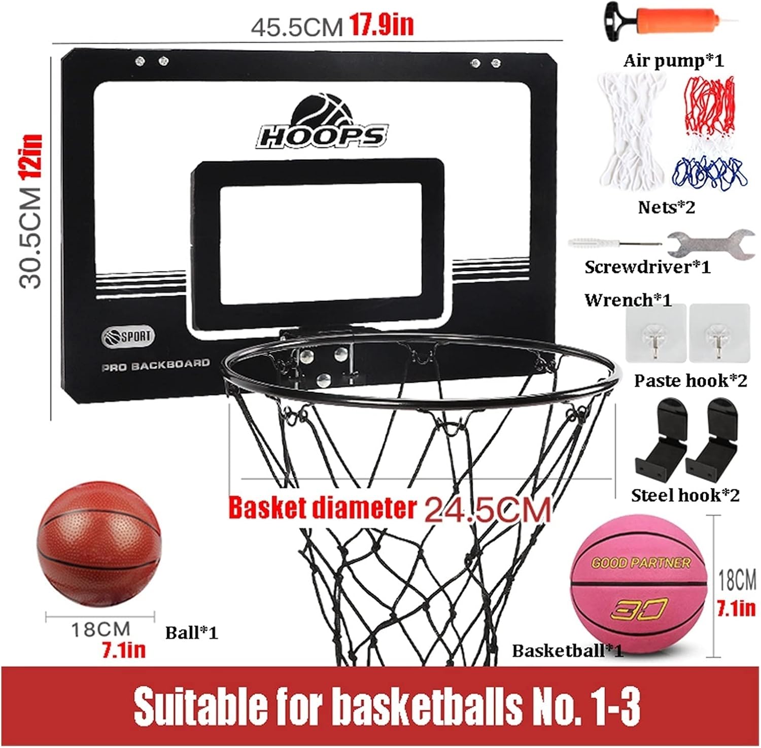 Mini Basketball Hoop Kits, Portable Wall-Mounted Basketball Stand, Home Grand Slam Shooting Rebounds for Adults and Children (Size : 17.9x12in)