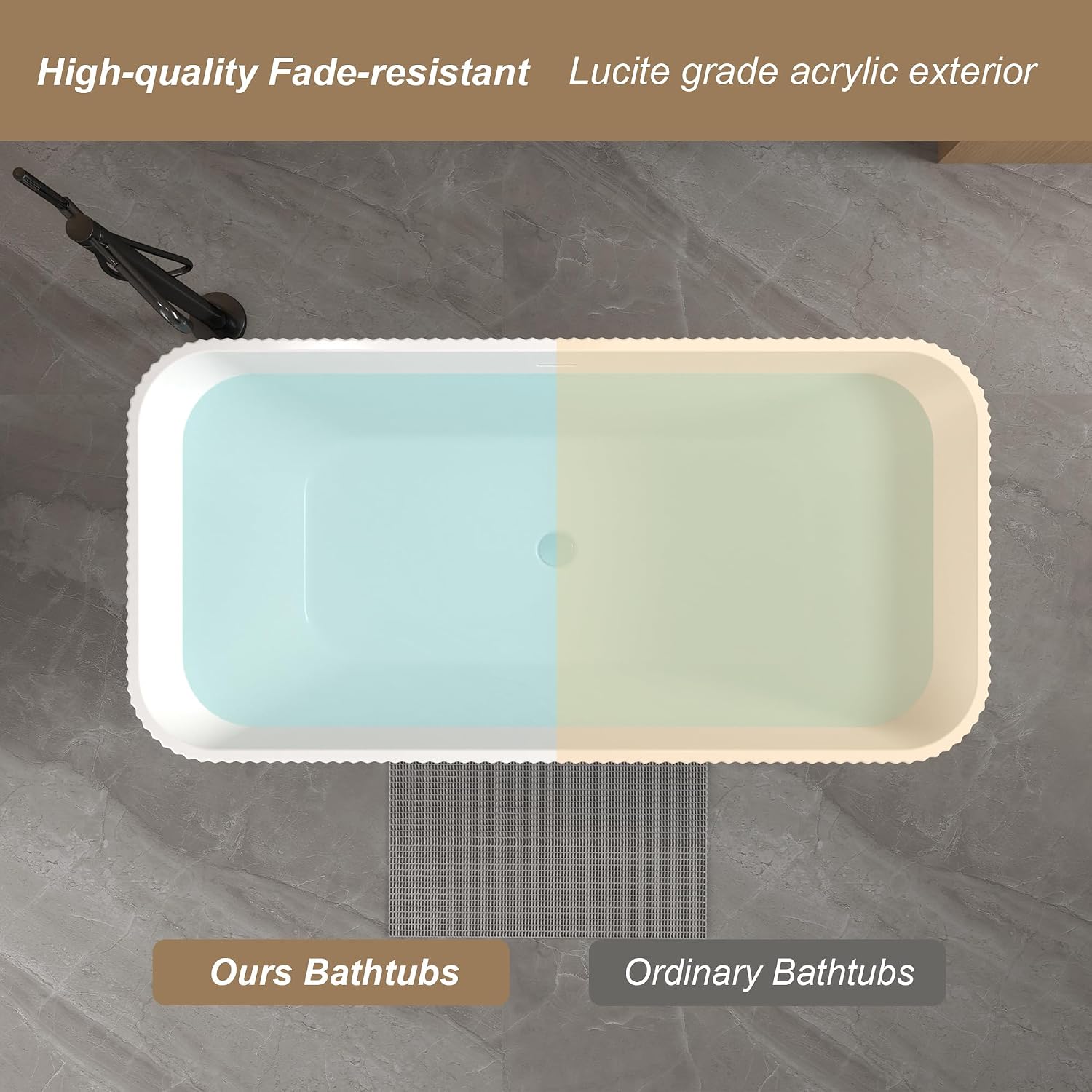 59' Freestanding Bathtub, Rectangle Linear Acrylic Soaking Tub with Chrome Pop-Up Drain, Glossy White Stand Alone Soaker Tub, Double Wall Insulated, Modern Luxury Bathroom Tub