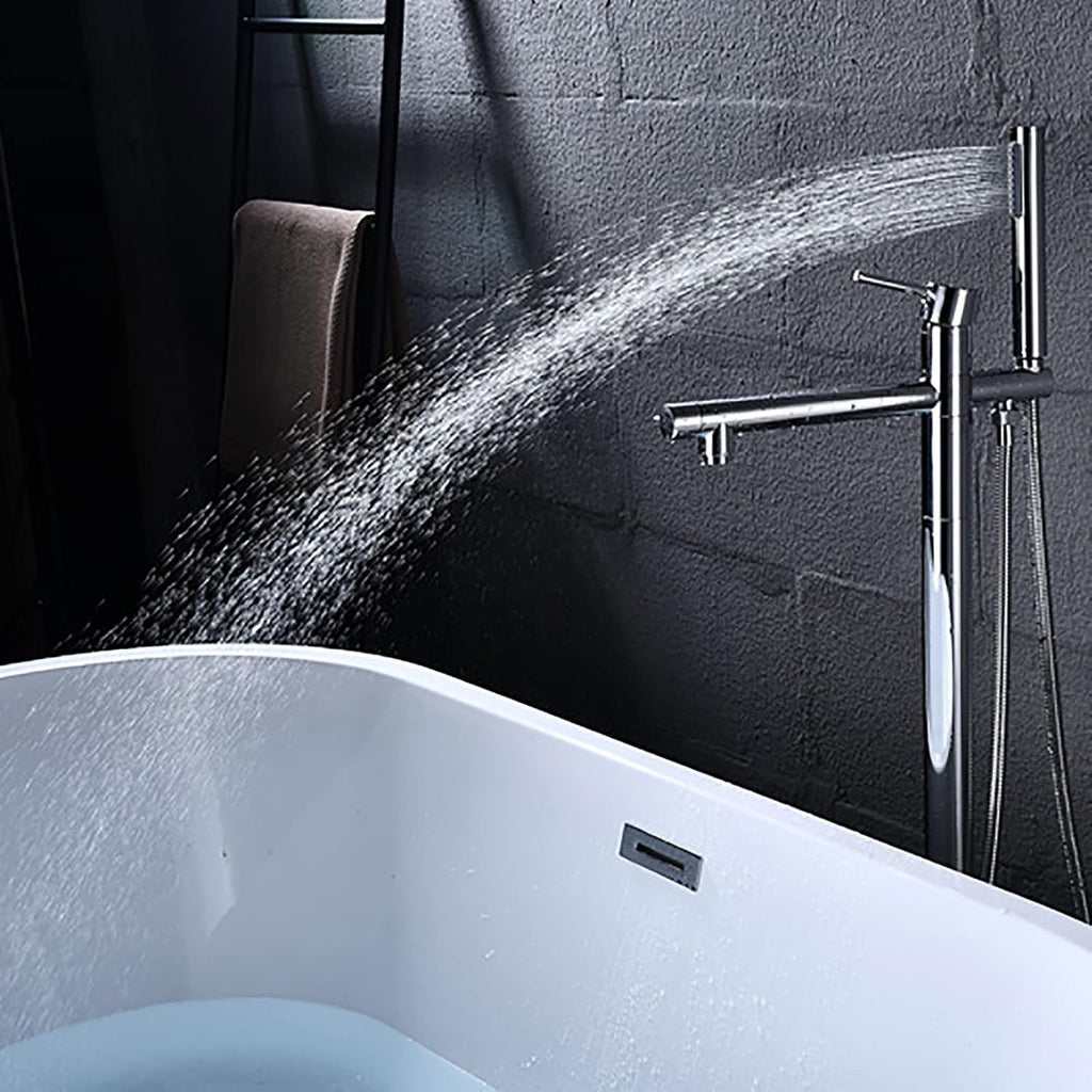 Freestanding Bathtub Faucet with Handheld Shower - Floor Mounted Tub Tap, 59-Inch Shower Hose, Stylish White Gold Finish