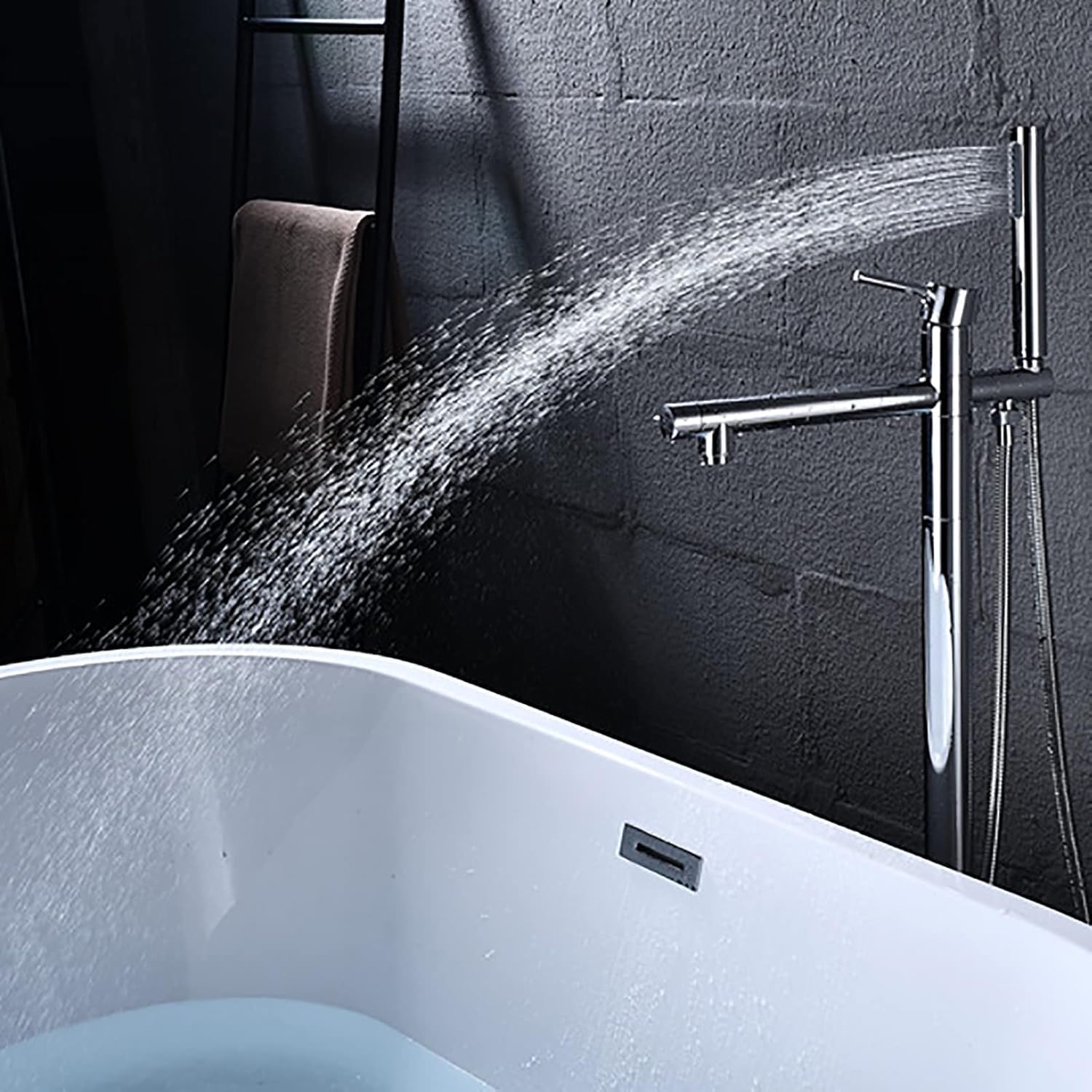 Freestanding Bathtub Faucet with Handheld Shower - Floor Mounted Tub Tap, 59-Inch Shower Hose, Stylish White Gold Finish