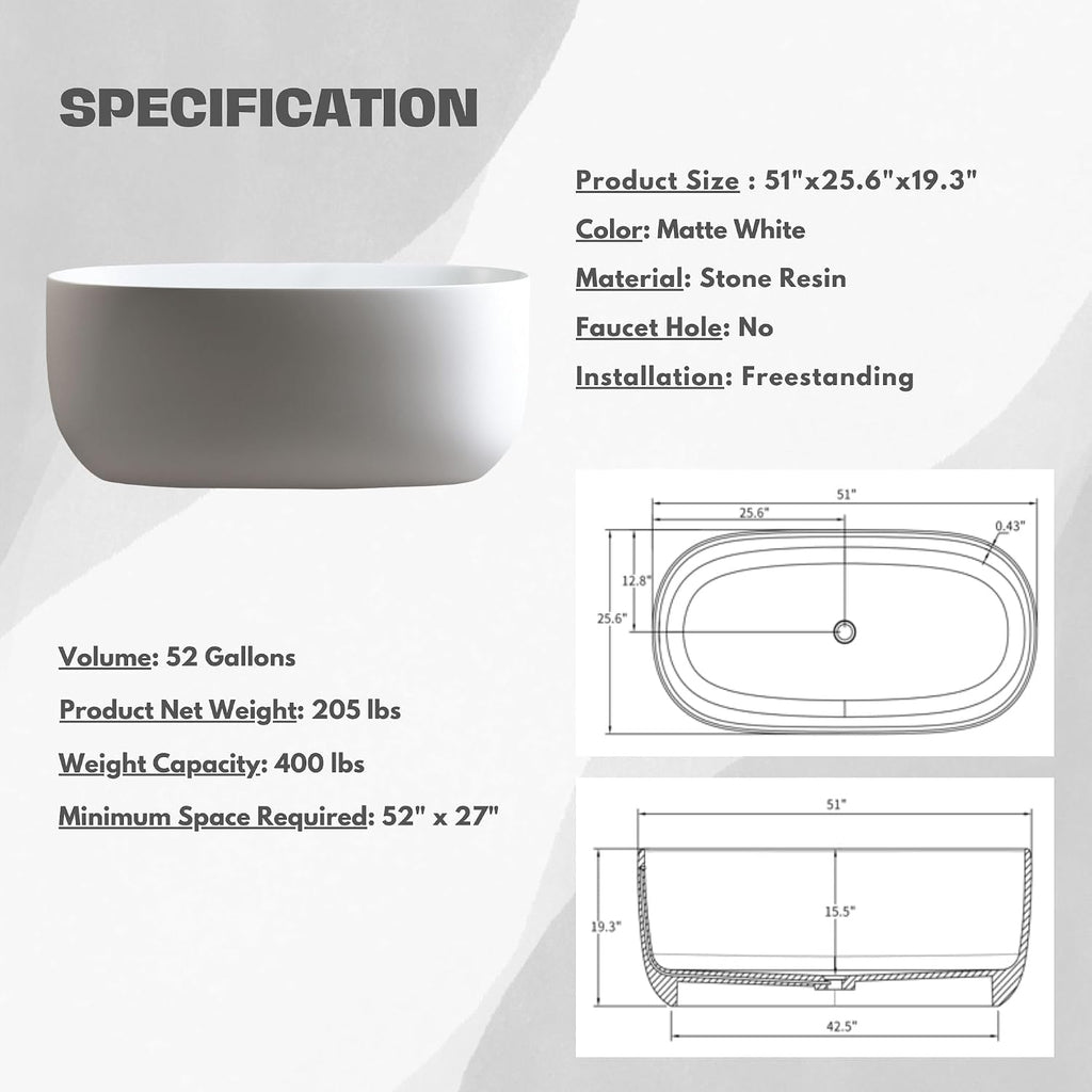 H2O Rectangular 59 in. x 30.7 in. Solid Surface Stone Resin Freestanding Bathtub, 13 in. Soaking Depth, Ergonomic Backrest, Matte White, Center Drain with Overflow, Durable, Easy to Clean