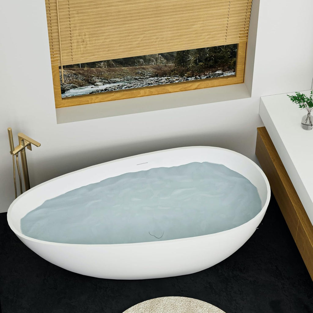 67' Stone Resin Freestanding Bathtub, Egg Shaped Bathroom Freestanding Tubs, Stand Alone Soaking Tubs with Integrated Slotted Overflow and Drain, Matte White