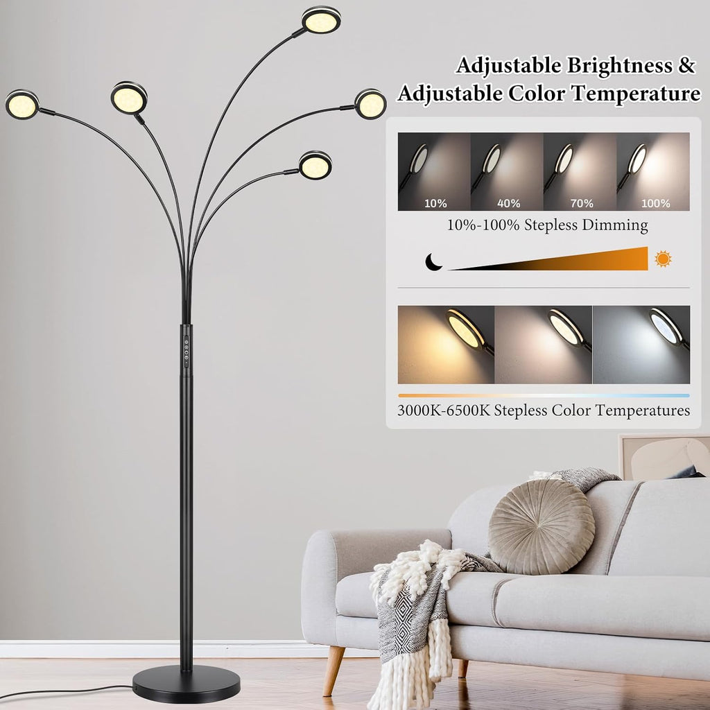 LED Arc Floor Lamp with Remote, 2250LM Dimmable Floor Lamp with Timer, Adjustable Colors, Brightness & 5 Adjustable Arms,Multi-Head Tall Tree Standing Lamp for Living Room Bedroom Corner Office, Black