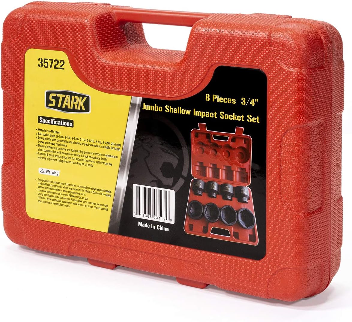 Stark USA Premium 3/4' inch Drive Large Jumbo Shallow Impact Socket Set SAE (2-1/16' - 2-1/2') Cr-Mo Steel 6-Point, 8-Piece Socket Set With Case