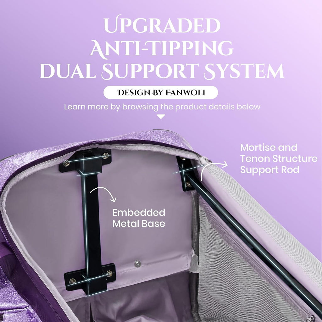 Fanwoli 23' Dance Bag with Garment Rack | Glittering Waterproof Fabric | Shine-Bright Collection | Ideal Competition Rolling Duffle Bag for Dancer Cheerleader Little Princess | Sparkle Purple