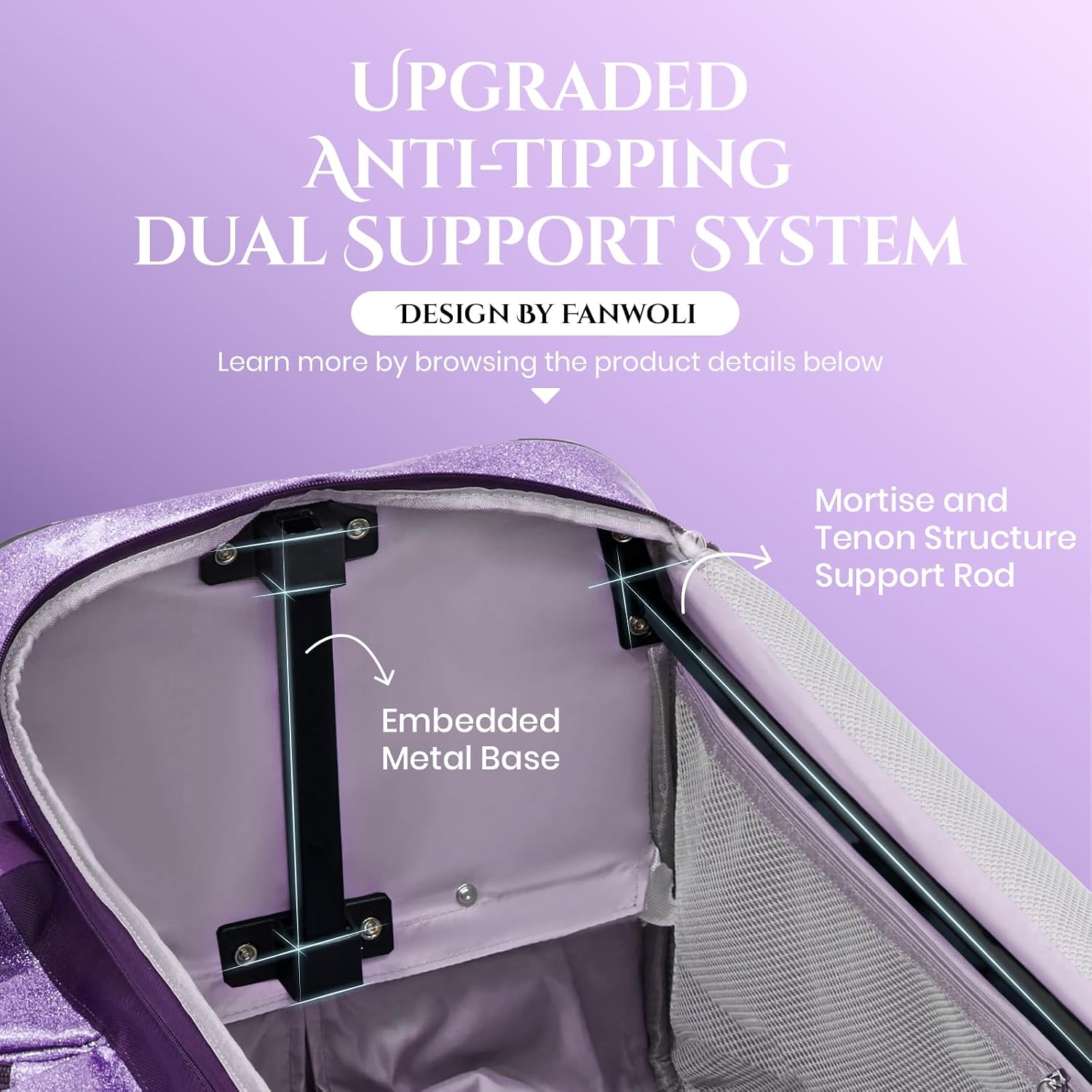 Fanwoli 23' Dance Bag with Garment Rack | Glittering Waterproof Fabric | Shine-Bright Collection | Ideal Competition Rolling Duffle Bag for Dancer Cheerleader Little Princess | Sparkle Purple
