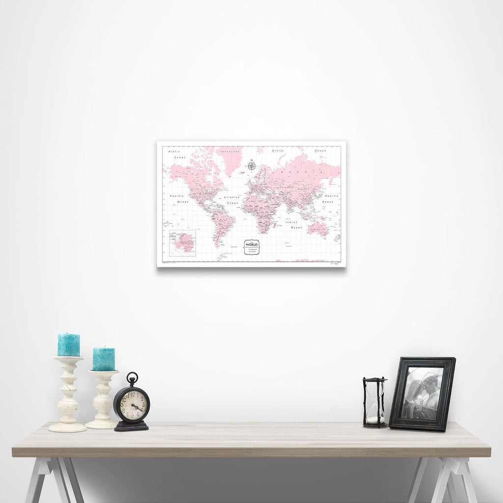 Push Pin World Map Board - With Push Pins to Mark World Travel - Handmade in Ohio, USA - Design: Pink Color Splash