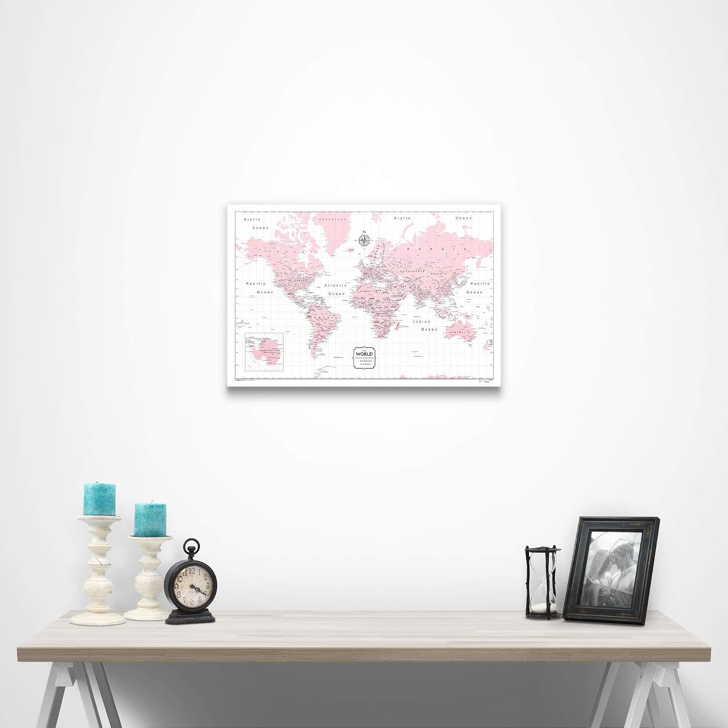 Push Pin World Map Board - With Push Pins to Mark World Travel - Handmade in Ohio, USA - Design: Pink Color Splash