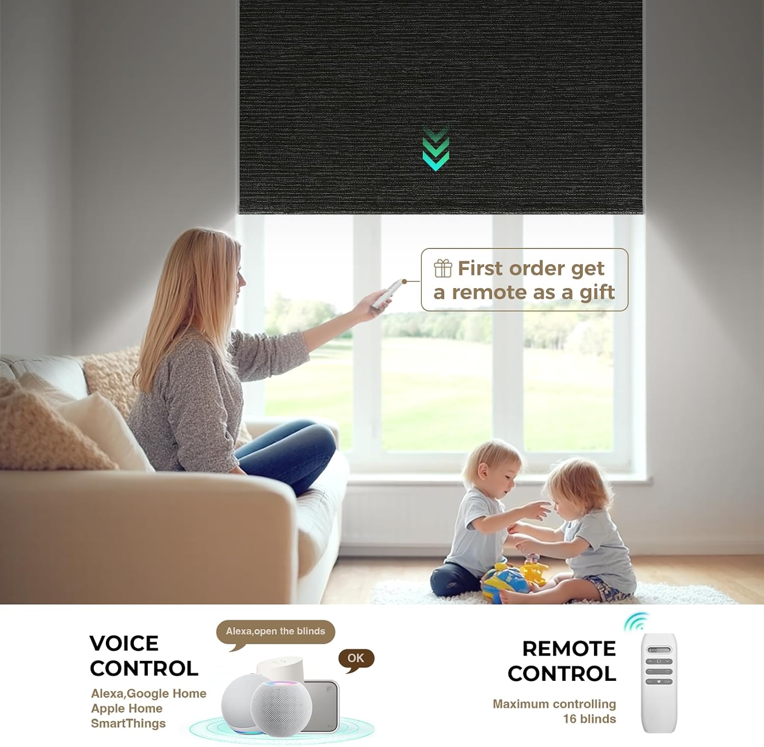 HeyBlinds Motorized Blinds with Remote, 100% Blackout Smart Blinds, Automatic Shades for Windows Compatible with Alexa Google and Homekit, Custom Size(Light Chaser-Anthracite BO)
