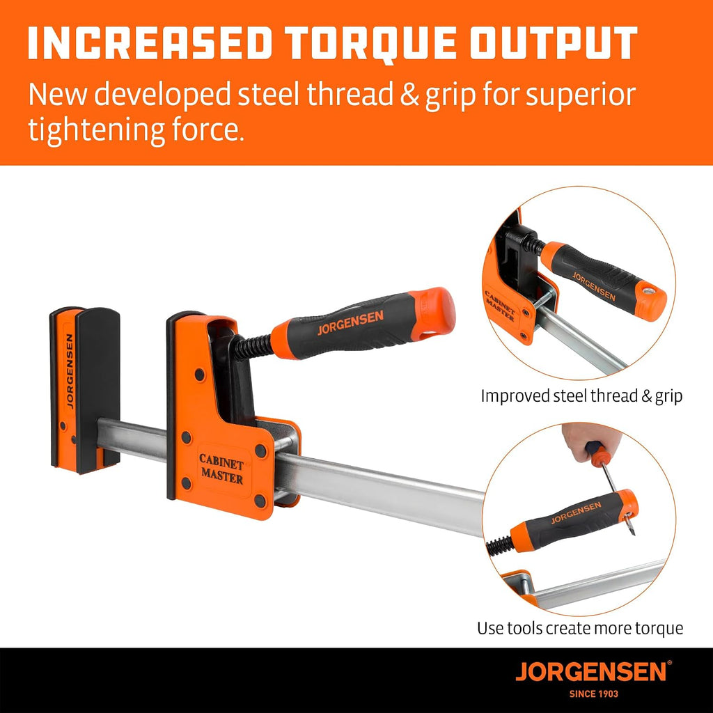 JORGENSEN 50-Inch Parallel Bar Clamp, Heavy-Duty Cabinet Master Clamp for Woodworking Glue-Up, 2200 lbs Force, Quick Release, Spreader Function, 2-Pack