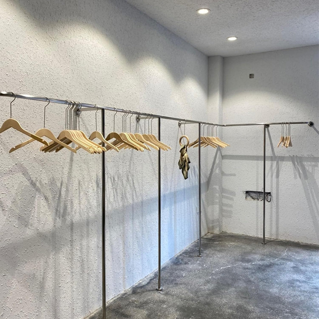 Industrial Pipe Silver Wall Mounted Garment Rack with T Shaped Display Stand for Heavy Duty Closet Storage and Retail Clothing Organization