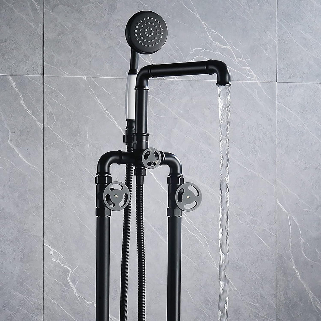 Black Freestanding Bathtub Faucet Industrial Brass Tub with Handheld Shower Floor Mounted Faucets with 59' Hose Tap