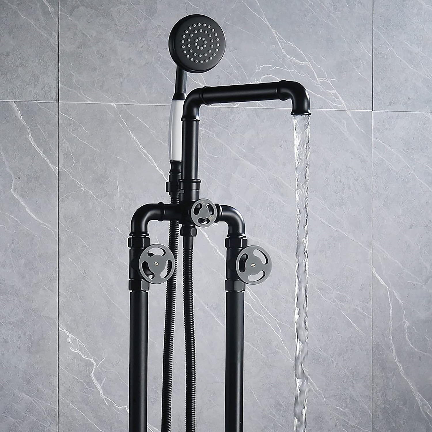 Black Freestanding Bathtub Faucet Industrial Brass Tub with Handheld Shower Floor Mounted Faucets with 59' Hose Tap