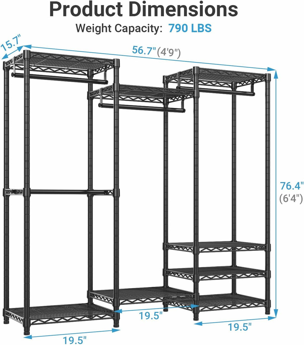 VIPEK V5 Medium Portable Closet Wardrobe Heavy Duty Clothes Rack, Freestanding Closet Metal Clothing Rack with 4 Hang Rods & 8 Shelves, Adjustable Custom Closet Rack, 56.7' Lx15.7 Wx76.4 H, Black