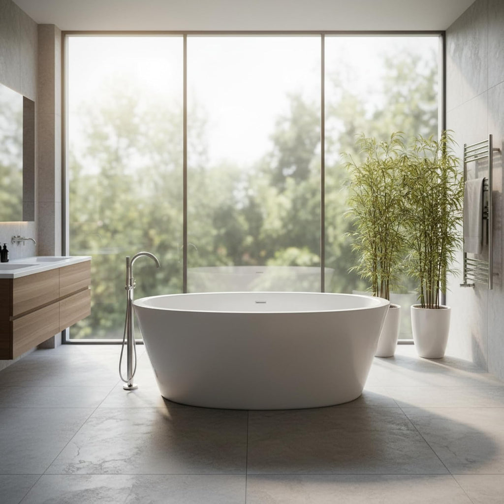 Udine 67' Freestanding Acrylic Bathtub with Chrome Drain, Glossy White Seamless Soaking Tub, Fiberglass Reinforced with Leveling Legs, 81 Gal Capacity
