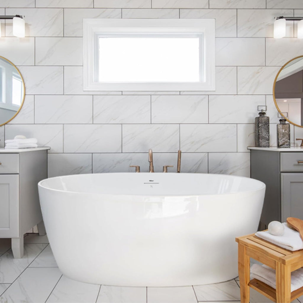 FerdY Tahiti 59' Acrylic Freestanding Bathtub, Elegant Oval Shape Bathtub, Glossy White, Brushed Nickel Drain & Integrated Slotted Overflow Assembly Included cUPC Certified, 02119