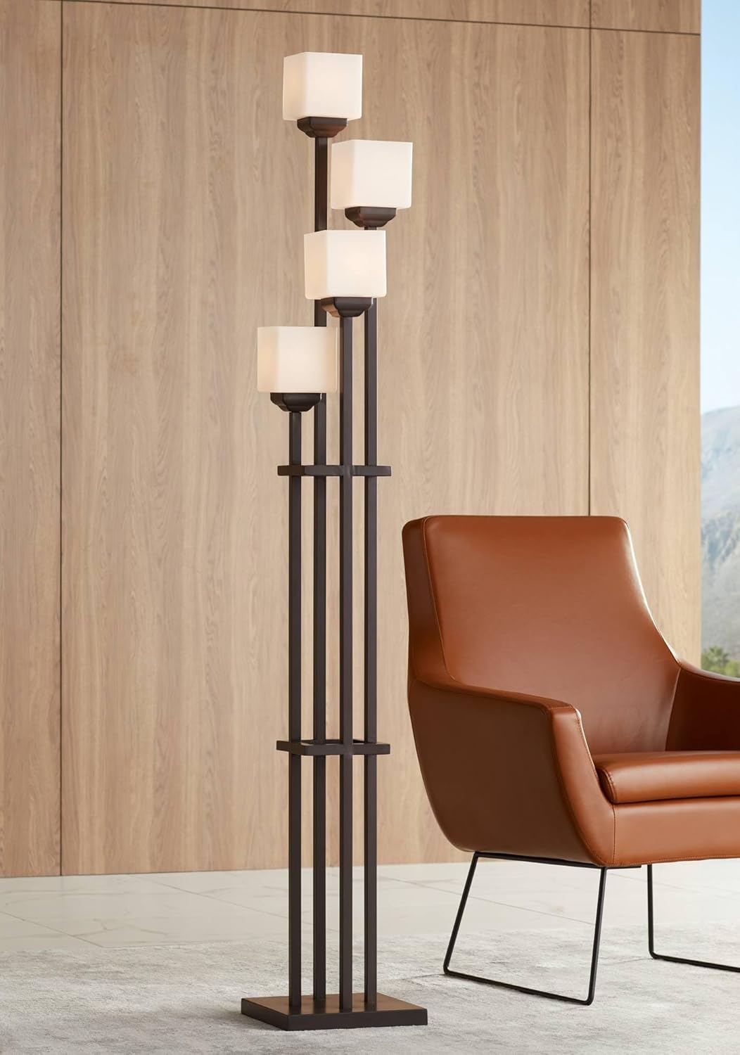Franklin Iron Works Light Tree Rustic Mission 72 1/2' Tall Floor Lamp with Smart Socket Bronze Brown Metal White Glass Square Shades for Living Room Living Bedroom Office House Home