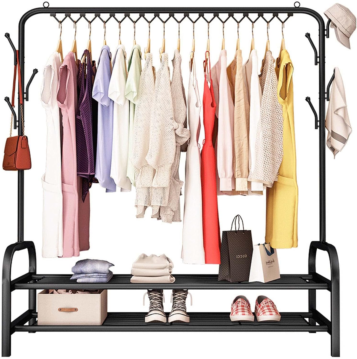 Drying Rack Clothing Foldable Small, Black | Hanger Rack with Shelves, Heavy Duty, Windproof Hooks, Indoor Outdoor