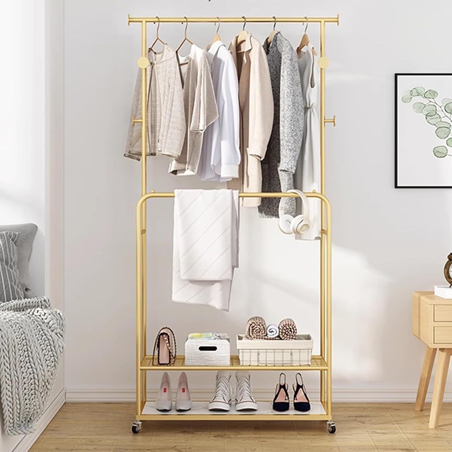 Heavy duty Garment rack Double Rods Clothes Rack With Wheels, Heavy Duty Metal Clothing Rack For Hanging Clothes, Multi-functional Coat Rack With 2 Shelves And 4 Hooks,Clothes Organi (Gold 100X30X170