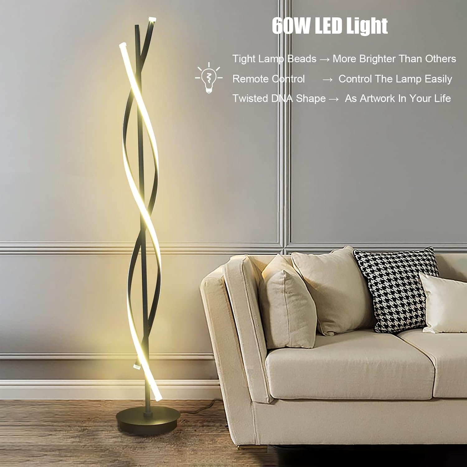 61inch Height; 60W DNA Spiral LED Floor Lights;Art Interior Decoration Home Nordic Floor Lamp Standing Lamp for Living Room Lighting ; 3Color Remote Control Dimming(Black)