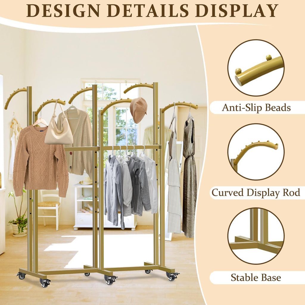 Clothing Rack,Heavy Duty Gold Clothing Rack with Adjustable Height, 6 Curved Arms Wheels - Floor Standing Metal Garment Rack for Retail Store Display Home Use,Black