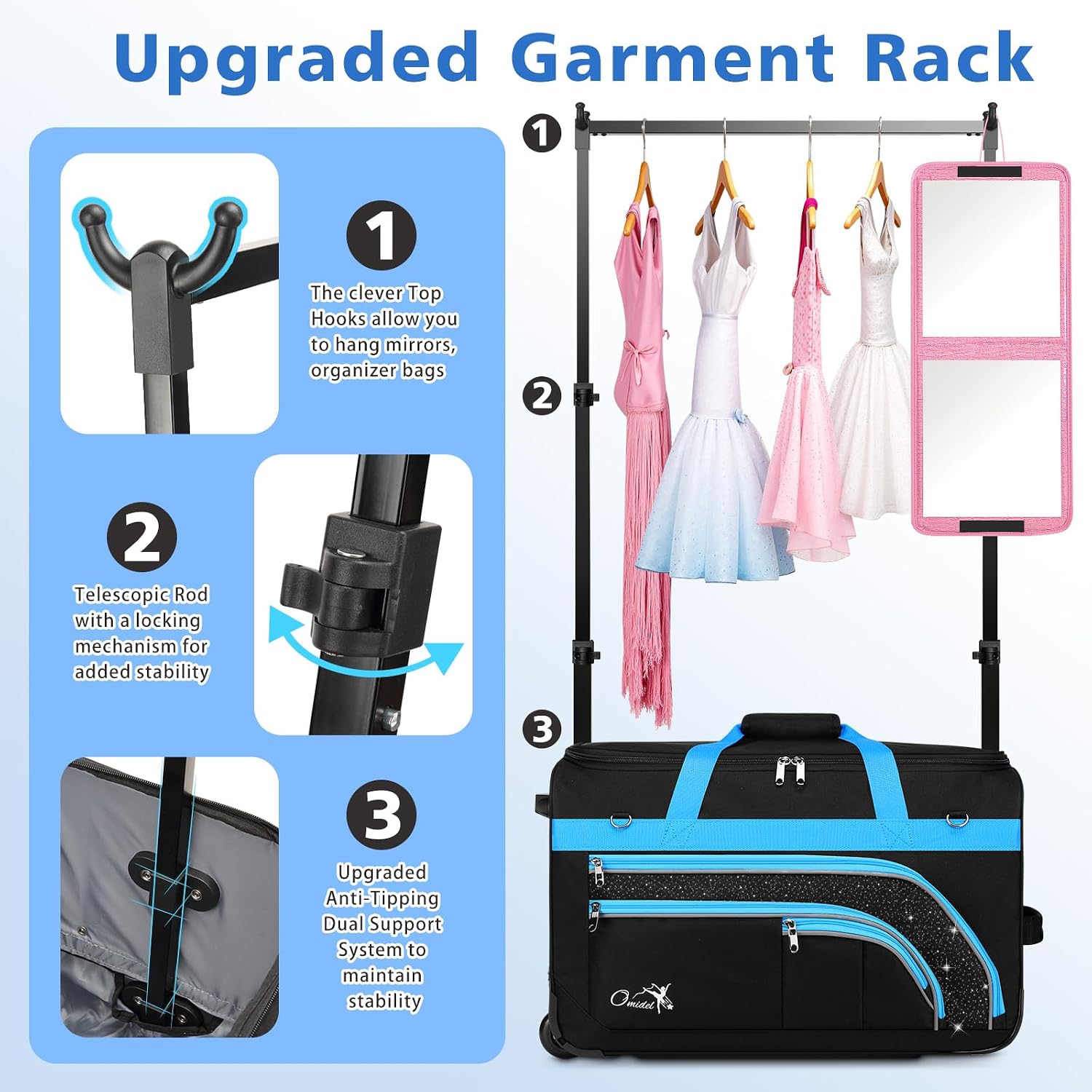 Dance Bag with Garment Rack, 23' Rolling Dance Suitcase Competition Duffle Bag with Garment Rack & Wheels | Versatile Compartments, Upgraded Stable System for Dance Shows, Travel, Cheer, Recital