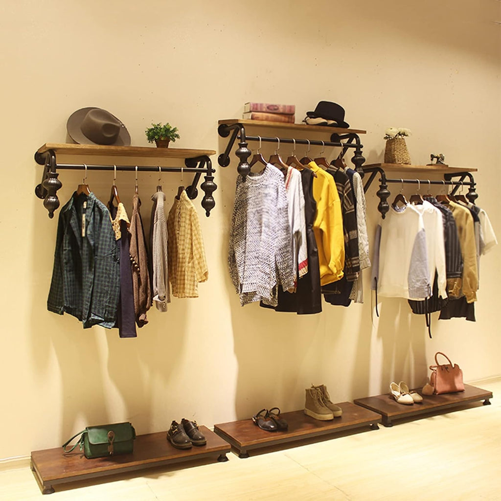 Wall Mounted Garment Rack,Floating Industrial Pipe Garment Rack,Clothes Hanger,Retail Display Garment Rack with Wooden Shelf,Sturdy Organizer,Sturdy Multifu(1-tier-100CM