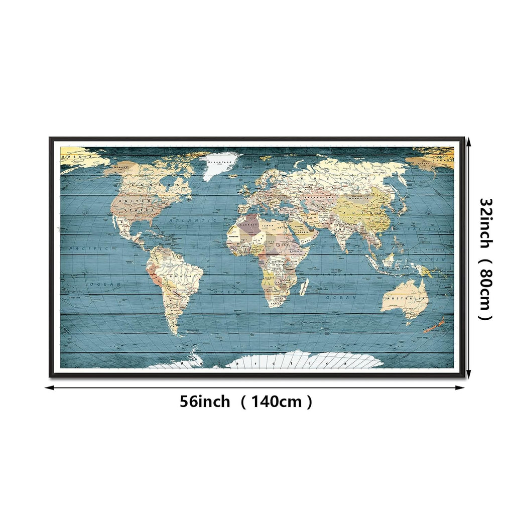 Welmeco XLarge Blue Rustic Wood Background Detailed World Map Canvas Prints with Black Frame Vintage Travel Map of The World Picture for Modern Home Office Living Room Decoration, 32x55inch Large Size