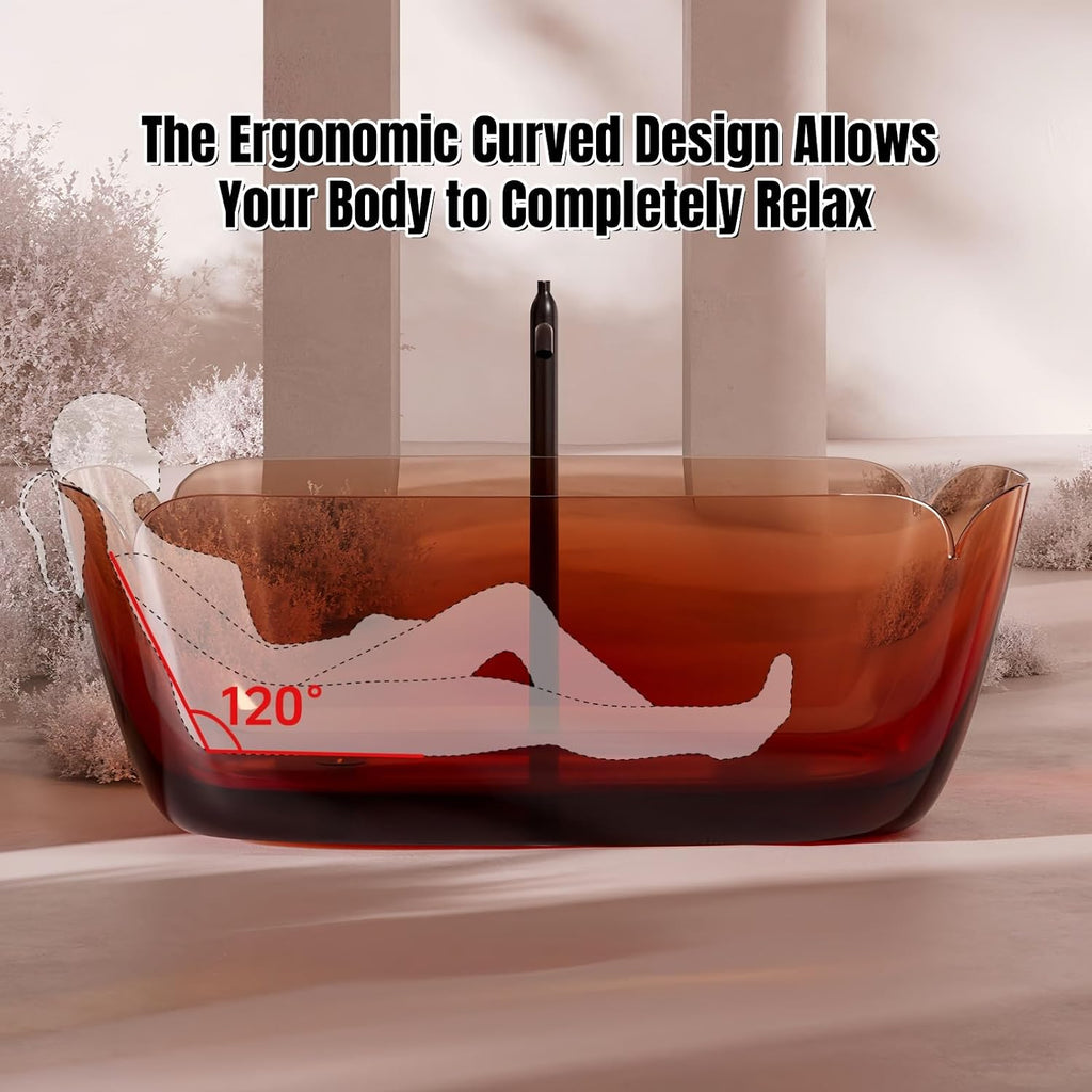 67' Edeyeu Freestanding Bathtub - Transparent Petal Shape Soaking Tub with Deep Immersion Comfort, Heat-Retaining Resin Construction, and One-Piece Artisanal Build Solid Surface Bathtub Style B