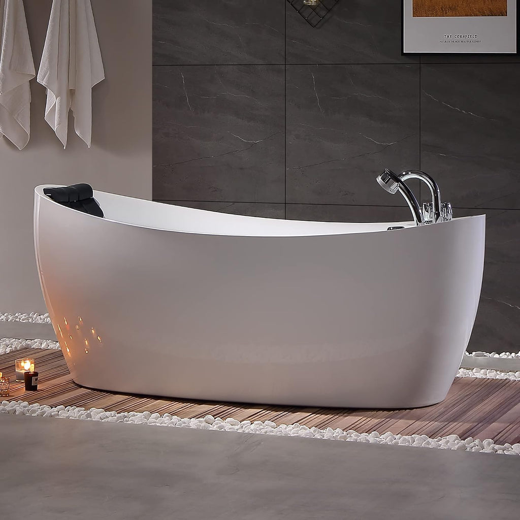Empava 67 in. Acrylic Freestanding Tub Hydromassage Gracefully Oval Shaped Whirlpool 7 Water Jets Soaking SPA, Single-Ended Massage Bathtub with Pillow , White