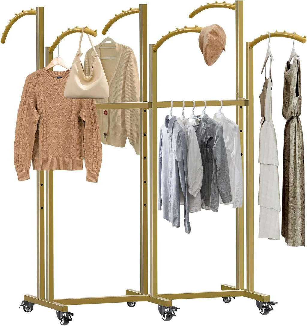 Clothing Rack,Heavy Duty Gold Clothing Rack with Adjustable Height, 6 Curved Arms Wheels - Floor Standing Metal Garment Rack for Retail Store Display Home Use,Gold