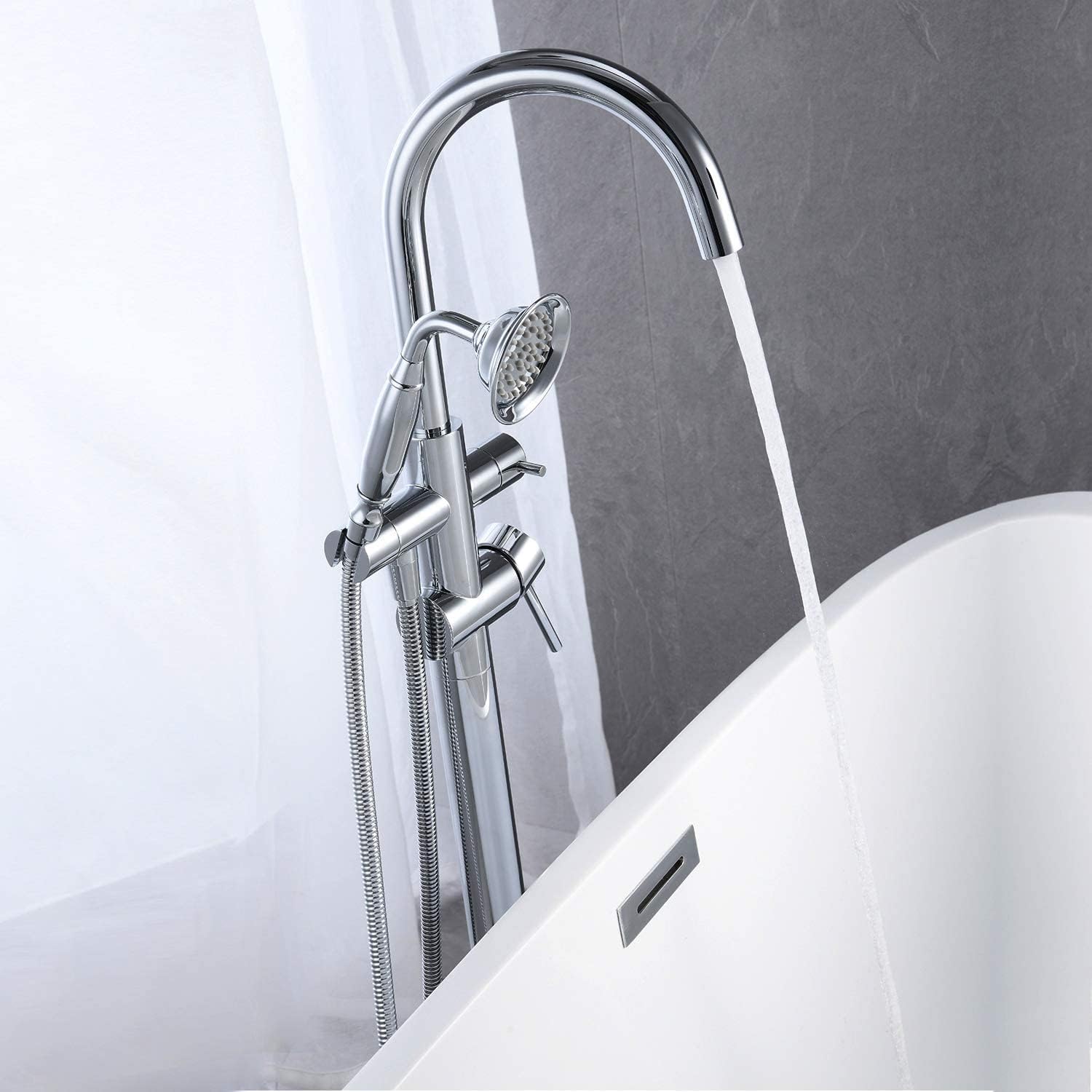 Gecheer Freestanding Tub Filler Faucet with Handheld Shower, Chrome Floor-Mount Bathtub Faucet, 360-Degree Gooseneck Spout, 6 GPM Flow Rate, Includes 59-Inch Stainless Steel Hose