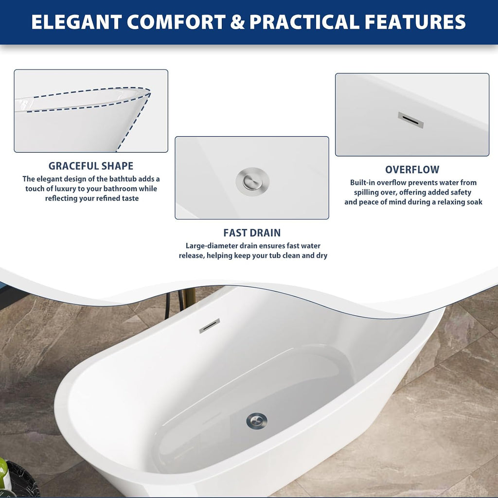 Sarlai 67 Inch Acrylic Freestanding Soaking Bathtub Contemporary Soaking White Tub Stand Alone Ergonomic Bathtub with Chrome Drain and Overflow